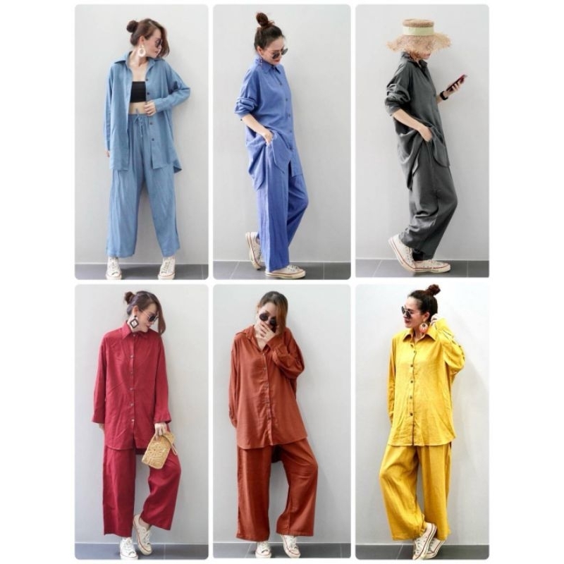 ชุดเซ็ทผ้าลินิน หลายสี ตัวเสื้อเป็นเชิ๊ตหน้าสั้นหลังยาว ยางยืดมีเชือกรูดเอว กระเป๋าข้าง ฟรีไซส์ อก46"