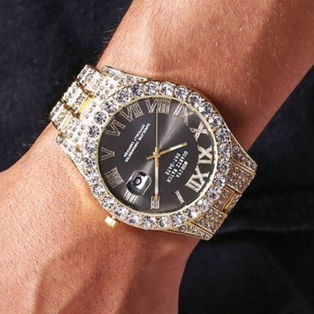 ⌚กันน้ำได้ 100%⌚นาฬิกาข้อมือควอตซ์ ประดับเพชรเทียม หรูหรา สไตล์โรม แฟชั่นฮิปฮอป สําหรับเด็กผู้ชาย นาฬิกาผู้ชาย