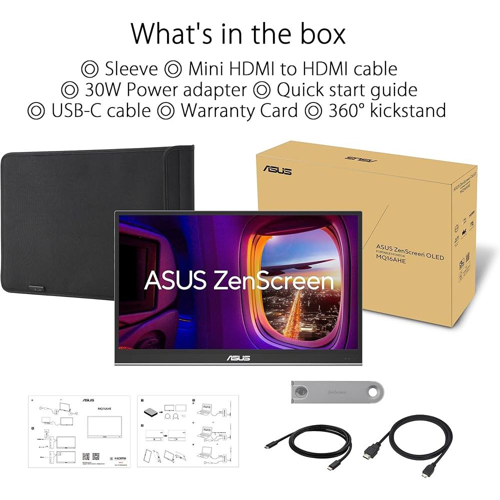 ASUS ZenScreen 16” OLED USB-C portable monitor (MQ16AHE) 100% DCI-P3, 1ms, HDR-10, Proximity Sensor, Kick Stand
