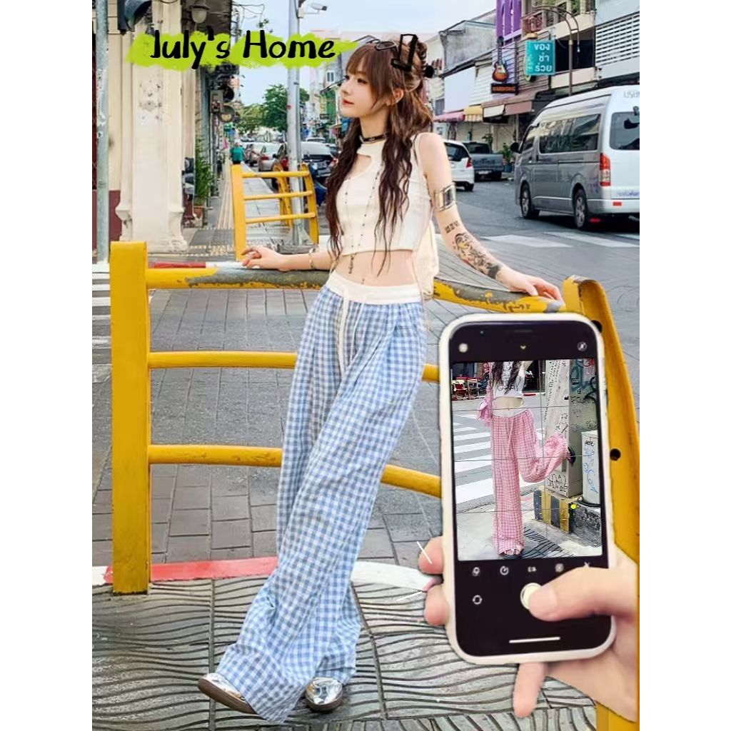 กางเกงลำลอง กางเกงลายสก๊อต ทรงหลวม ใส่เชือกที่เอว สีสวยมาก #J1122