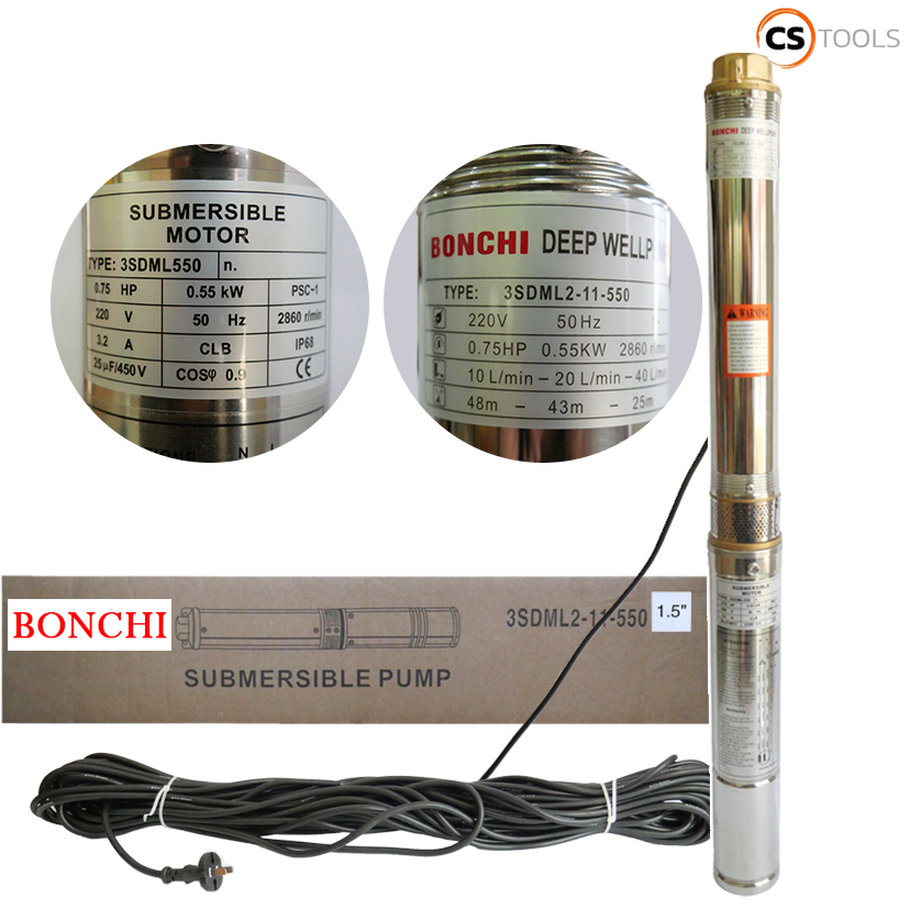 Bonchi ปั๊มน้ำรุ่นใหม่ ปัํมบาดาล 1.5 นิ้ว รุ่น 3SDML550 ขนาดท่อออก 1 นิ้ว สายไฟยาว 30 เมตร