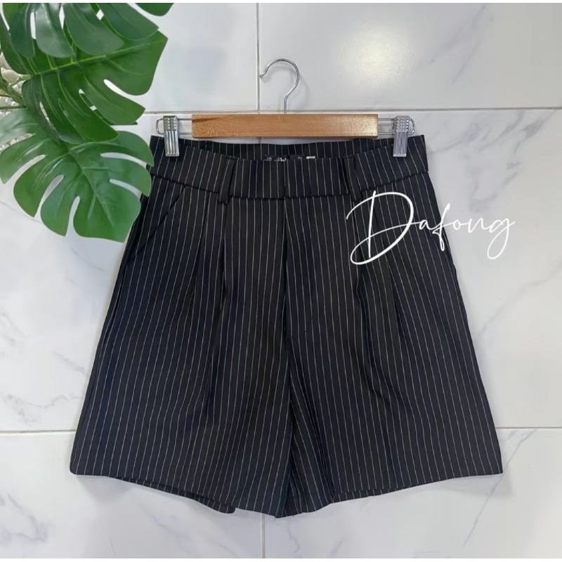 กางเกงขาสั้นเอวสูง ผ้าโรเชฟลายริ้ว 16-17 นิ้ว S-3XL ไม่ยับ สีดำ/ขาว/น้ำตาล/แดงไวน์/ครีม (B3)