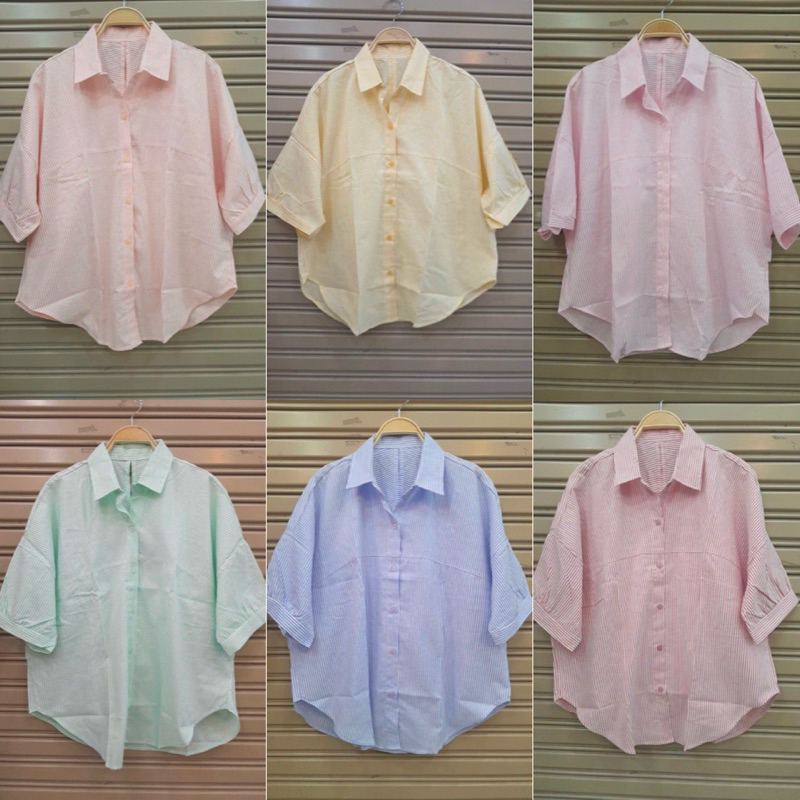 เสื้อเชิ้ตแขนจั๊มลายริ้วทรงสวยผ้าคอตตอน