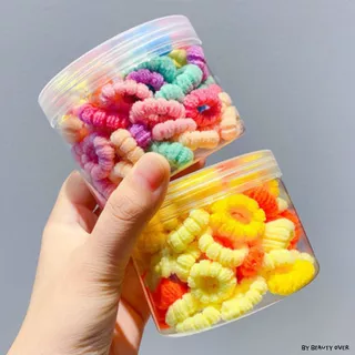 ส่งด่วนร้านไทย ยางรัดผมเด็กแบบกระปุก 100 เส้น ยางขนปุย หนังยางคละสีดอกไม้