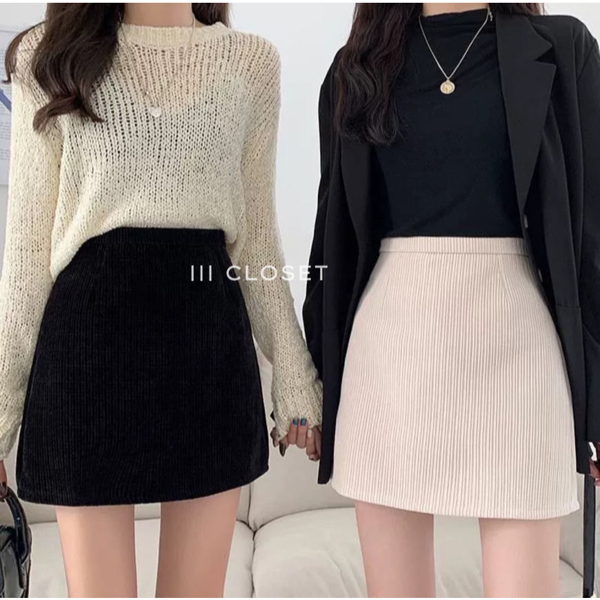 LF010 lll S M Llll SKIRT กระโปรงเอวสูง ทรงเอ ซิปข้าง ผ่าข้าง เนื้อผ้าลูกฟูก ใส่สบาย ไม่ร้อน