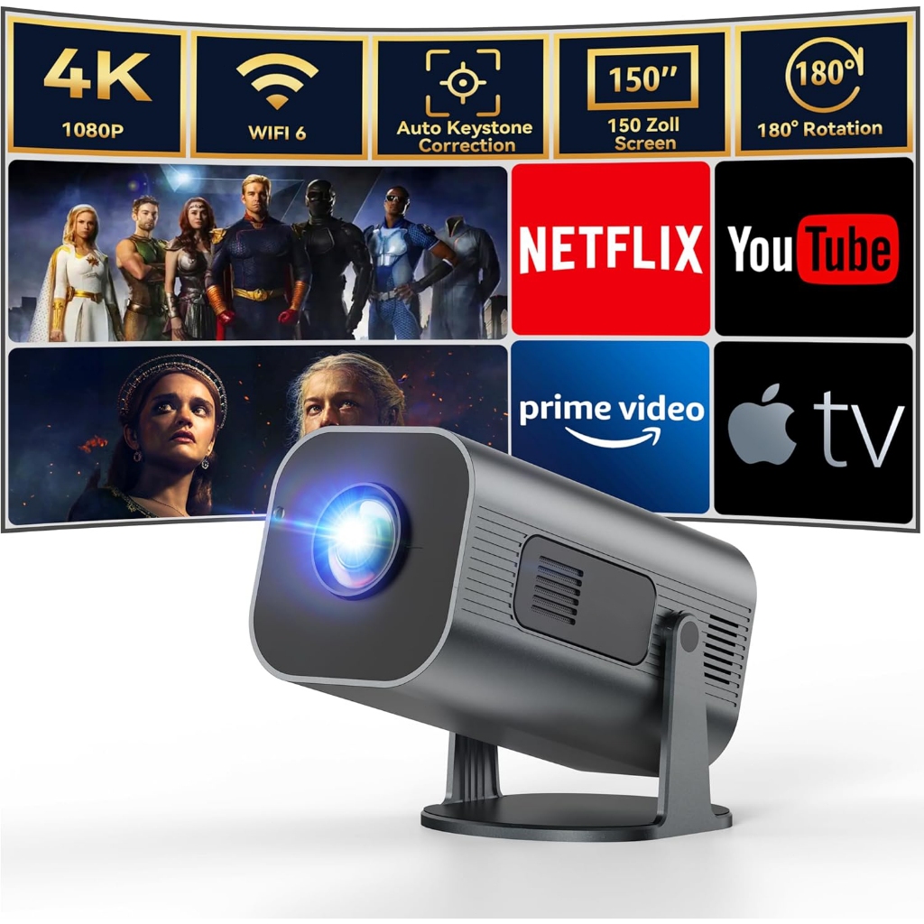 mini projector 4K โปรเจคเตอร์มินิต่อกับมือถือ WiFi และ Bluetooth โปรเจ็กเตอร์พกพาแบบขาตั้งปรับได้ 180° Android 11.0