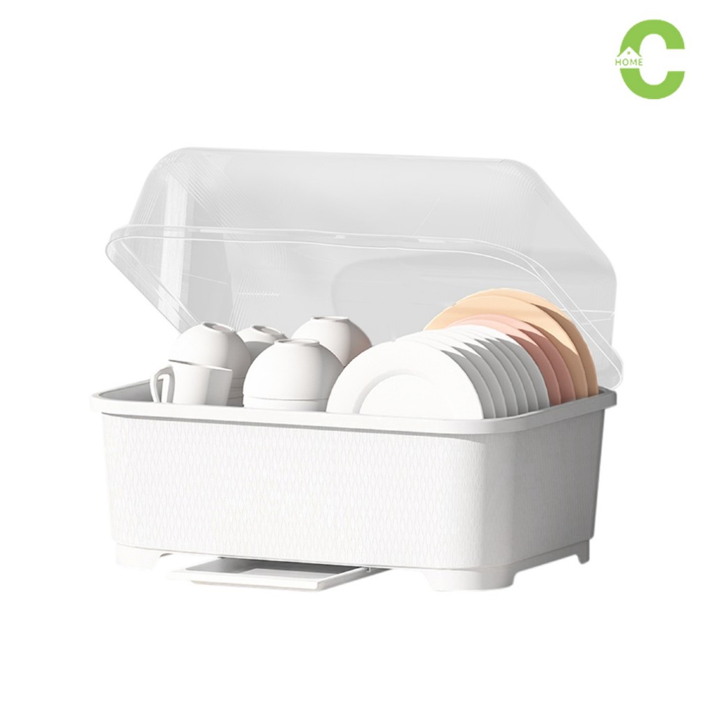 HOMEC ที่คว่ำจาน ที่คว่ำจานมีฝาปิด ที่คว่ำจานพลาสติก Dish rack รับน้ำหนักได้ดี กันฝุ่นละออง และแมลง