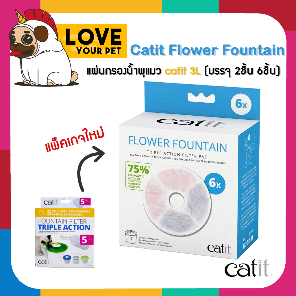 แผ่นกรองน้ำพุแมว Catit Flower Fountain 3L. 1 กล่อง บรรจุ 6 ชิ้น ไส้กรองน้ำพุแมว  Catit 3 ลิตร