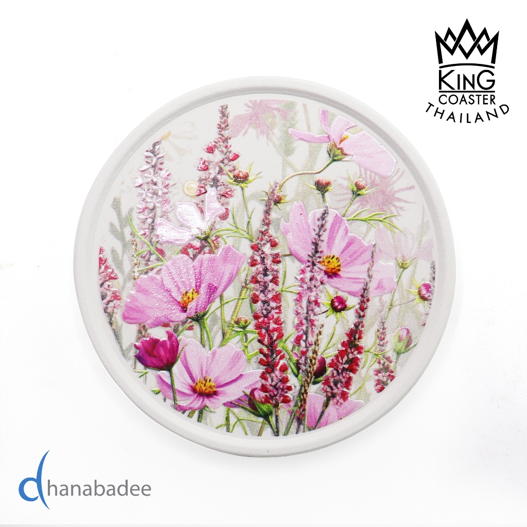 จานรองแก้วดูดน้ำ ทรงกลมมีขอบ FLOWER-04 ที่รองแก้วซับน้ำ King Coaster ธนบดีเซรามิค