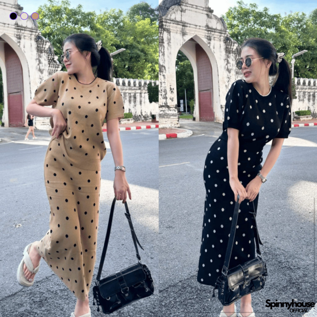 SpinnyHouse ชุดเซ็ท2ชิ้น เสื้อแขนสั้น คู่กับกระโปรงแม๊กซี่ ลายโพกาดอท เรียบหรูดูแพง สาวอวบอ้วนใส่ได้ รุ่น บ้านพัก