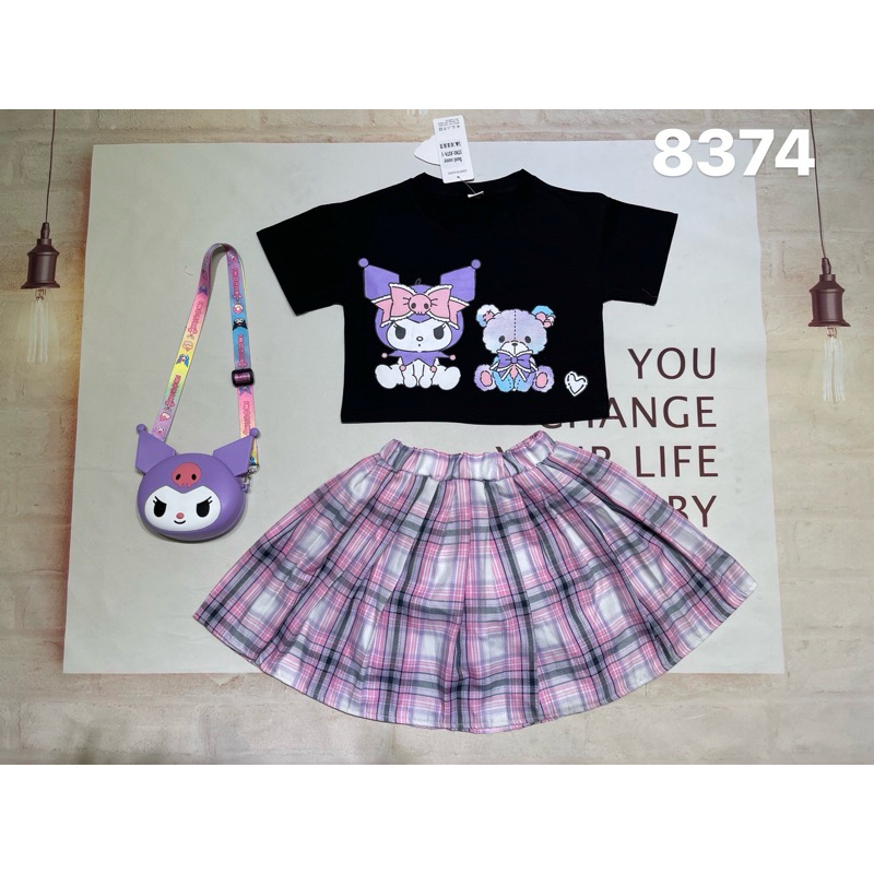 ชุดเสื้อคอปลาย Kuromi +กระโปรงลายสก็อตเด็ก 3-10ขวบแถมกระเป๋าพร้อมส่ง