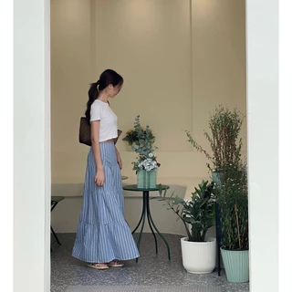 กระโปรงยาวชายระบายลายทางผ้าคอตต้อนลินิน Blossom bloom skirt 🌸