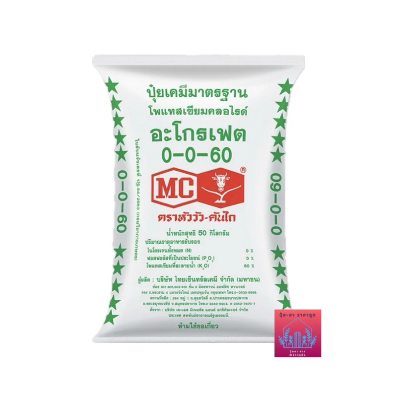 ปุ๋ยสูตร 0-0-60(ตราหัววัวคันไถ) ปุ๋ยใส่ทางดิน ไม่ใช่ปุ๋ยเกร็ด เพิ่มความหวานรสชาติดี เพิ่มขนาดหัว (ขนาด50กิโลกรัม )