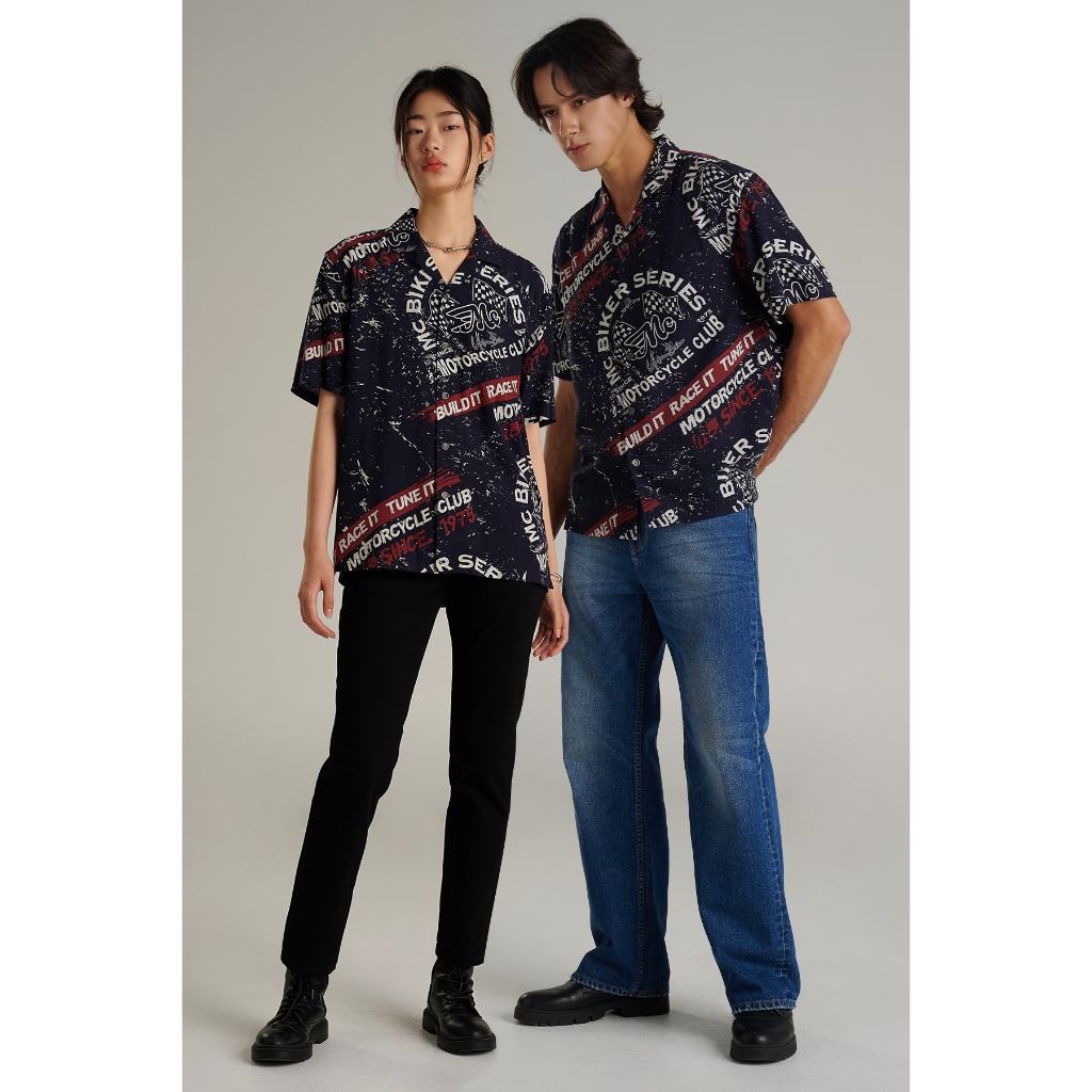 Mc jeans เสื้อเชิ้ต Unisex เสื้อฮาวายแขนสั้น สีกรมท่า พิมพ์ลาย MSSZ248