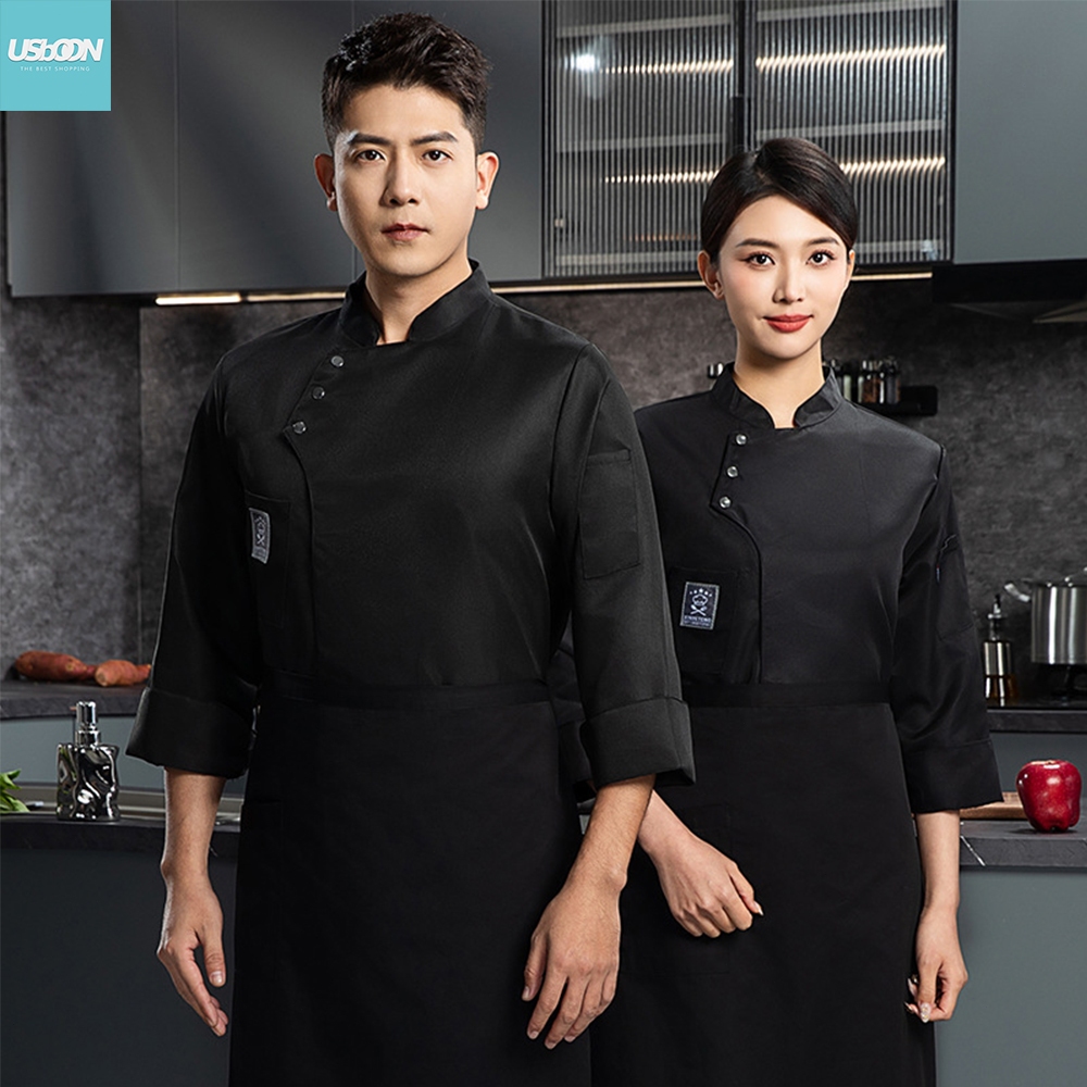 usboon ชุดเสื้อเชฟ เสื้อยูนิฟอร์ม มีกระเป๋าหน้าอก ผ้าใส่สบาย ไม่ร้อน สำหรับเชฟร้านอาหาร
