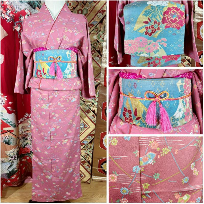 พร้อมส่ง set kimono กิโมโน สีชมพู มือสองของแท้จากญี่ปุ่น