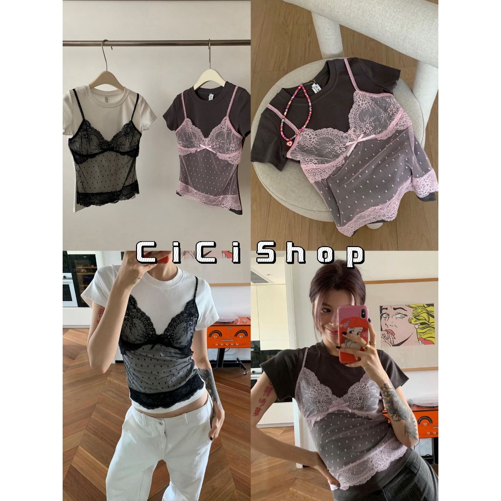 Cicishop(J1291)เสื้อยืดผ้าเรยอนคอกลม แต่งสายเดี่ยวลูกไม้เย็บติด แขนตัดใส่แล้วแขนเล็ก สไตล์น่ารัก