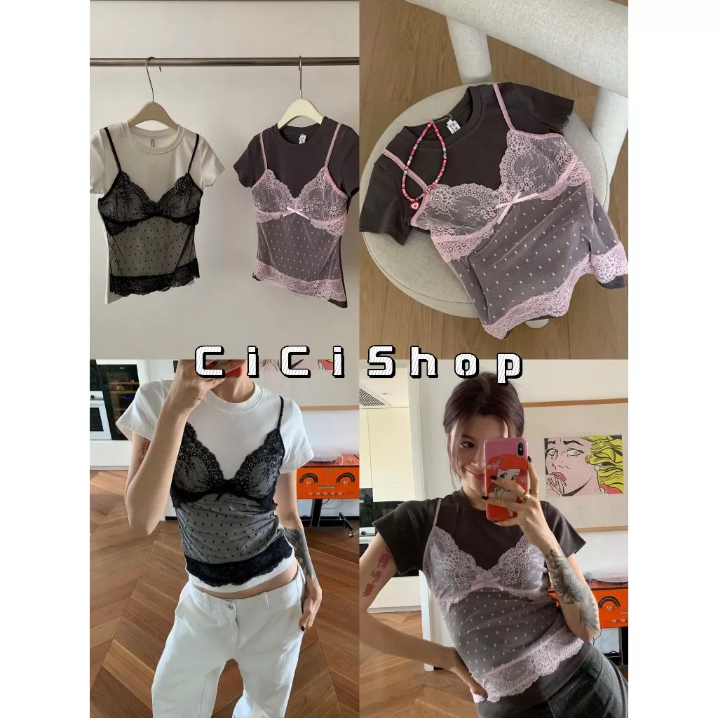 Cicishop(J1291)เสื้อยืดผ้าเรยอนคอกลม แต่งสายเดี่ยวลูกไม้เย็บติด แขนตัดใส่แล้วแขนเล็ก สไตล์น่ารัก