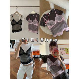 Cicishop(J1291)เสื้อยืดผ้าเรยอนคอกลม แต่งสายเดี่ยวลูกไม้เย็บ…