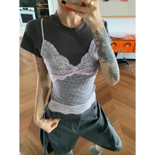 Cicishop(J1291)เสื้อยืดผ้าเรยอนคอกลม แต่งสายเดี่ยวลูกไม้เย็บติด แขนตัดใส่แล้วแขนเล็ก สไตล์น่ารัก