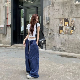 พร้อมส่งในไทย**กางเกงขายาวเอวยางยืด กระเป๋าข้าง ผ้าร่มสีเข้มสำหรับผู้หญิง K61
