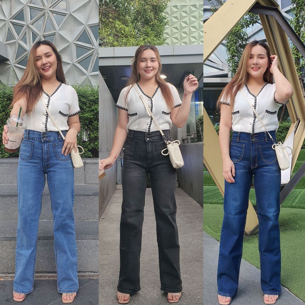 P09 กางเกงยีนส์ทรงกระบอกกลาง แต่งกระเป๋าหน้า ผ้ายืด เอวสูง