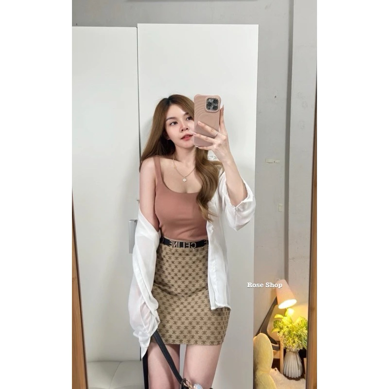 Roseshop เซท 3 ชิ้น เสื้อกล้าม เชิ๊ตมาพร้อมกระโปรง แต่งขอบเอว สวยแพงมาก น่ารักค่ะ