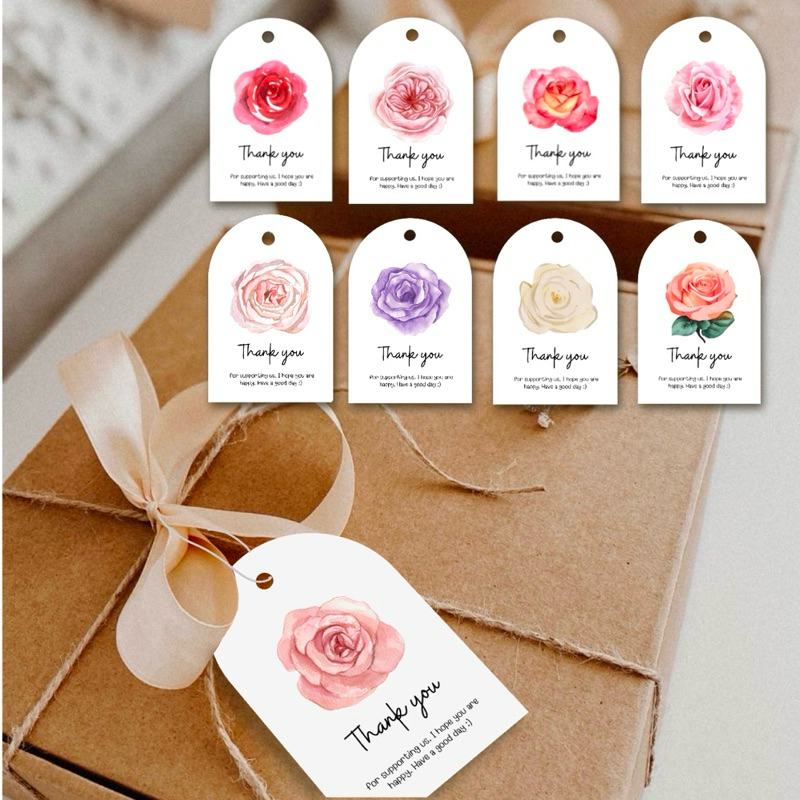 ป้ายห้อยขอบคุณ ลายกุหลาบ สีน้ำ 4x6 cm แพ็ค 55 ชิ้น รหัส 166