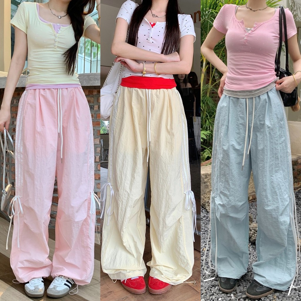 กางเกงคาร์โก้ กางเกงลำลองผู้หญิง เอวยืดได้ เเต่งเส้นด้านข้าง มีเชือกปลายขา #151127