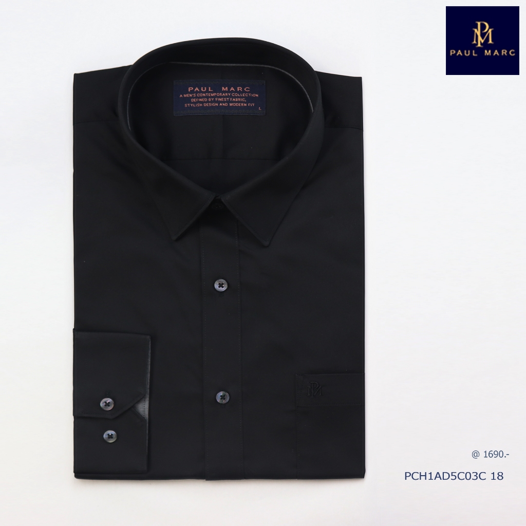 PAUL MARC เสื้อเชิ้ตแขนยาวสีดำ slim fit cotton รีดง่าย นุ่ม ยับยาก ใส่สบาย D5C01/FAC01