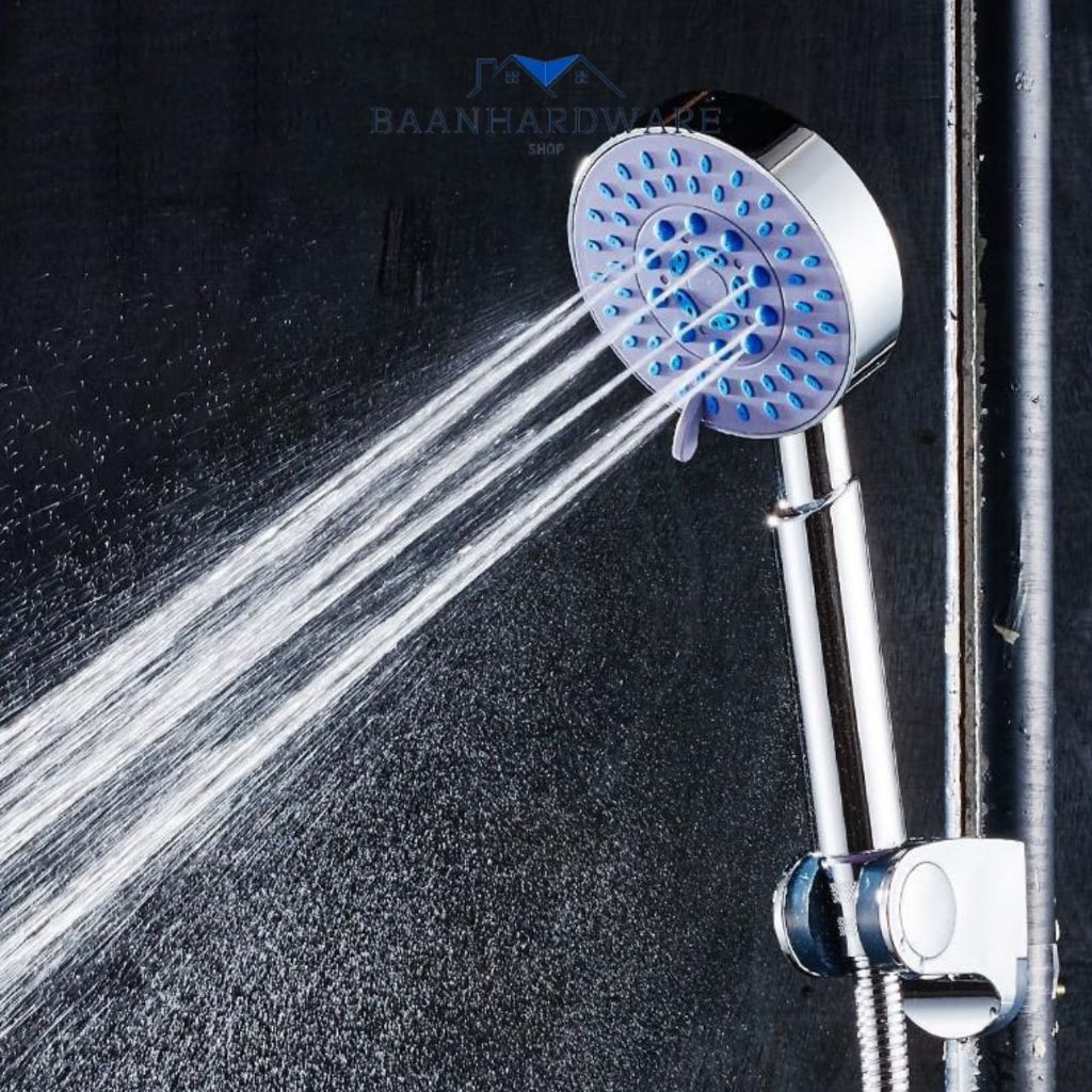 BAANHARDWARE ฝักบัวปรับน้ำได้5ระบบ พร้อมสายสแตนเลส1.5ม.และขาฝักบัวปรับระดับ MA-F-007S