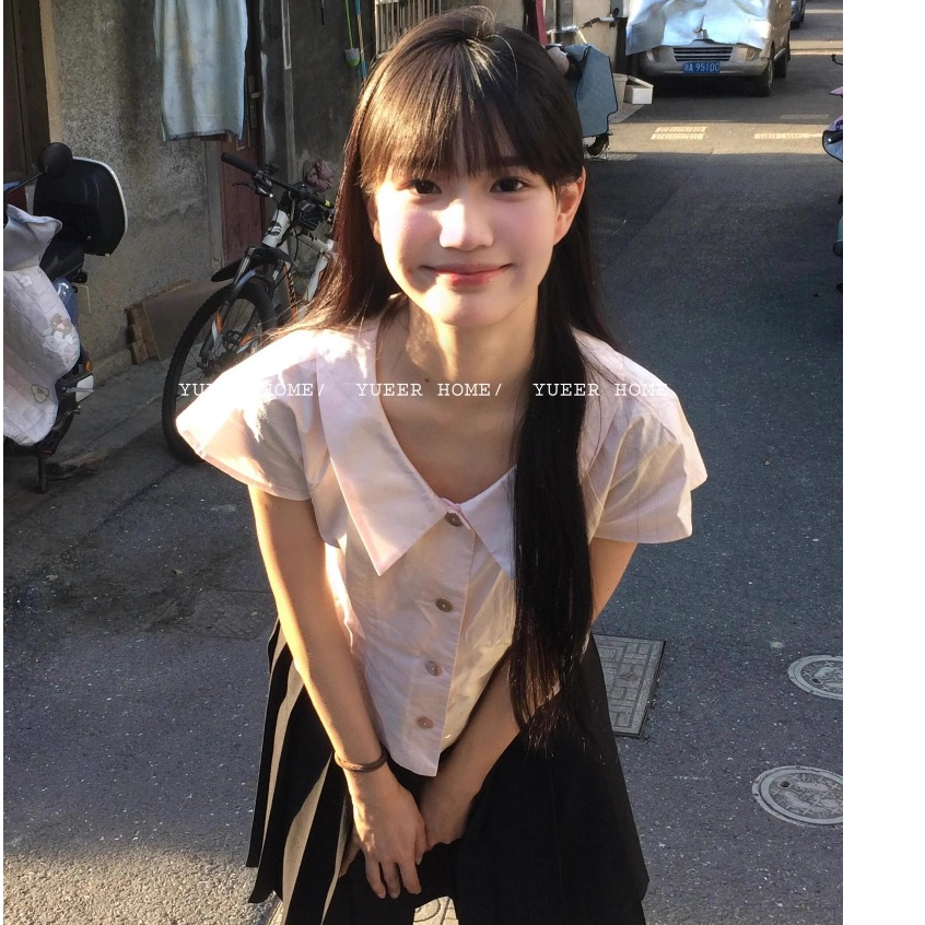 MCB210 เสื้อเชิ้ต คอปกสามเหลี่ยม แขนสั้น กระดุมหน้า สไตล์สาวเกาหลี อกฟรีไซส์ 36 สีชมพู