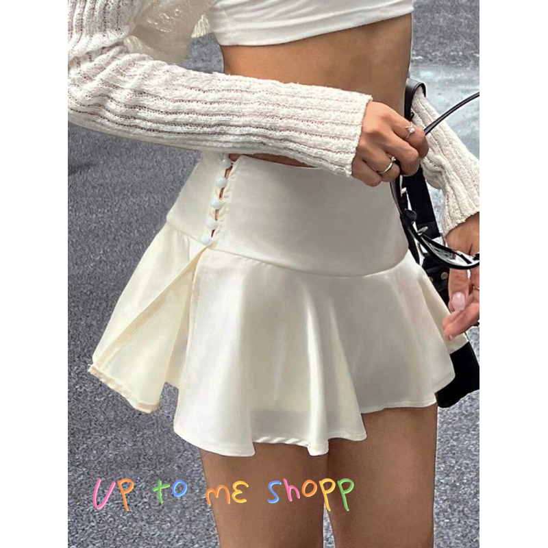 กระโปรงสั้น ผู้หญิง สีทึบ Ruffle Hem มินิกระโปรง Faux Pearl ปุ่ม แต่งกระดุมข้าง ผ้าไม่ยืด สวยมากๆ