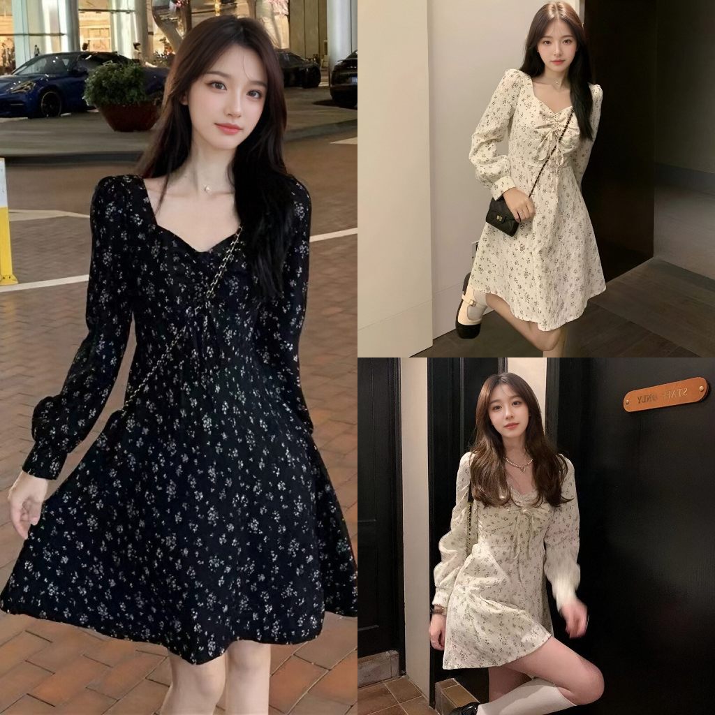 ชุดเดรสแขนยาวลายดอกไม้สวยงามกับกระโปรงสั้นแบบสาวฝรั่งเศส พร้อมคอเหลี่ยมให้ลุคสไตล์โรแมนติก