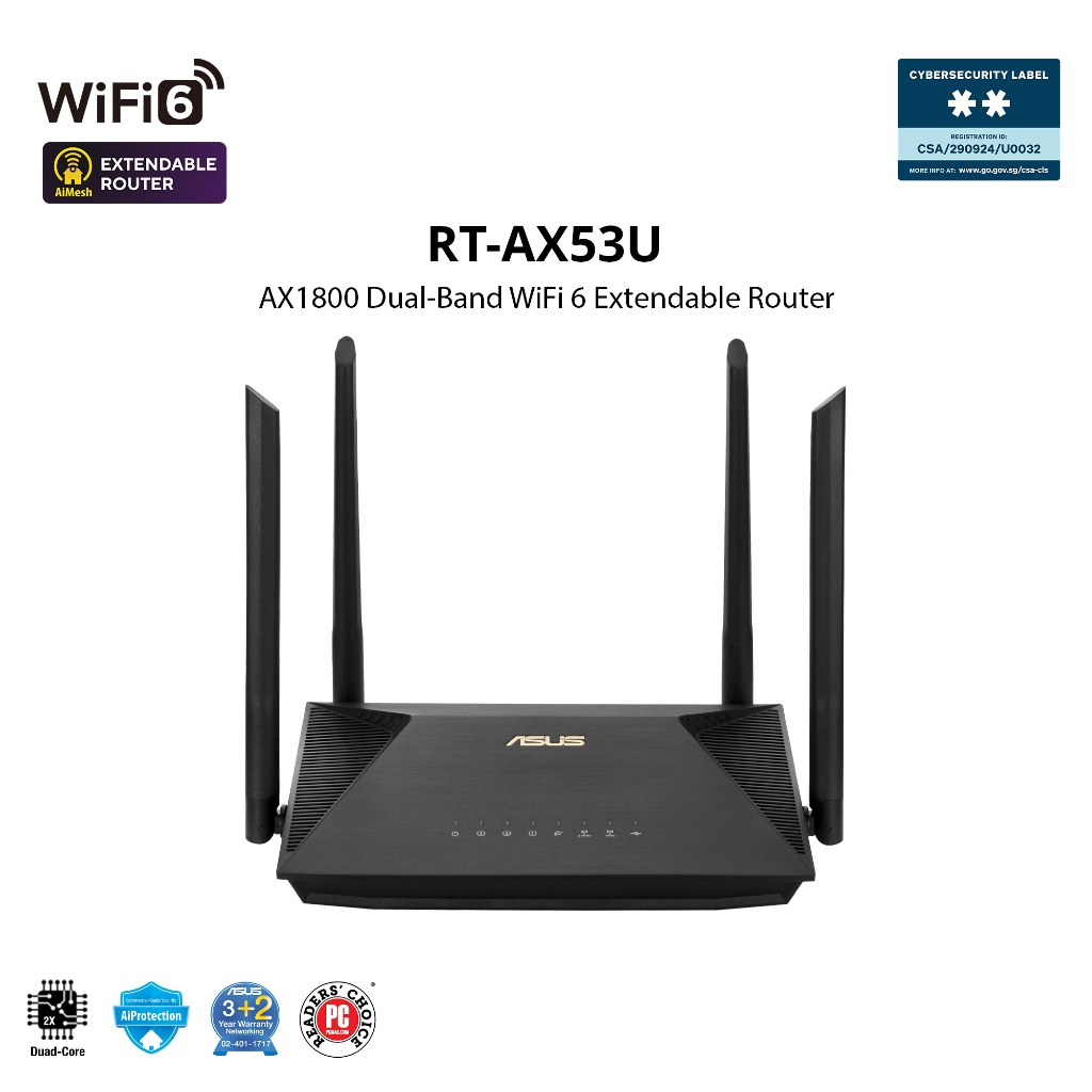 ASUS RT-AX53U (AX1800) Dual Band WiFi6 Extendable Router, AiMesh Compatible