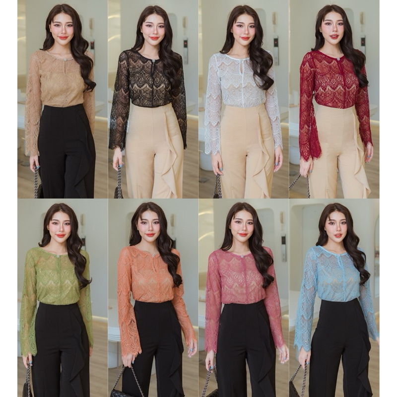 182 เสื้อลูกไม้แขนยาวแต่งกระดุมเพชรกลางอก (มีซับใน)