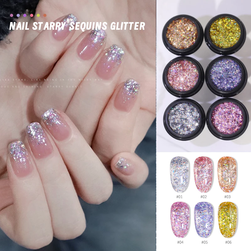 Nawoelite คริสตัล ตกแต่ง อะไหล่เล็บ ชิ้นส่วนเลเซอร์ดวงดาว 6 สีสำหรับตกแต่งเล็บ สติ๊กเกอร์ดาวเลเซอร์ เรืองแสง