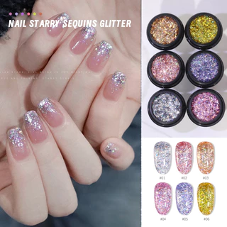 Nawoelite คริสตัล ตกแต่ง อะไหล่เล็บ ชิ้นส่วนเลเซอร์ดวงดาว 6 สีสำหรับตกแต่งเล็บ สติ๊กเกอร์ดาวเลเซอร์ เรืองแสง