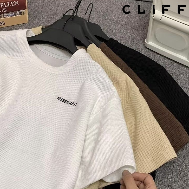 CLIFF เสื้อยืดผู้ชาย เสื้อคอกลม แขนสั้นวาฟเฟิลด์ แฟชั่นสไตล์เรียบง่าย ชุดคู่รัก รุ่นหลวม