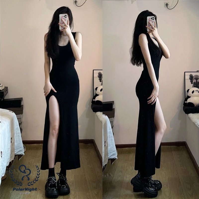 Polar_night เดรสผ่าข้างเซ็กซี่ ชุดสีดำ ไฮเอนด์ เพรียวบาง แขนกุด ใส่สบาย free size ส่งไวจากไทย