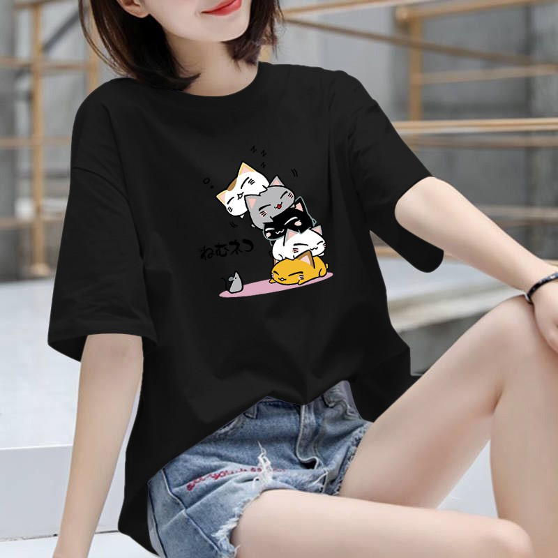 พร้อมส่ง เสื้อยืดผู้หญิง แขนสั้น คอกลม พิมพ์ลาย สีพื้นและหลากสี ใส่ลำลอง แฟชั่นสไตล์เกาหลี