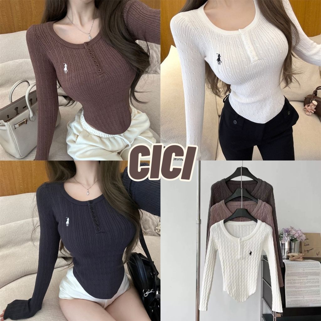 ส่งทันที Cici (NO. 0822)เสื้อไหมพรมแขนยาวคอกลม ชายเสื้อตัดเหลี่ยม กระดุมใช้งานได้จริง แต่งงานปัก ลายผ้าสวยเรียบหรู
