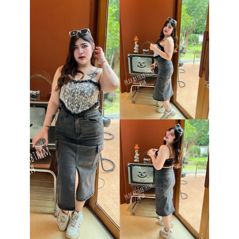 ป้ายประกายทับทิม กระโปรงยีนส์สาวอวบผ้ายืด ผ่าหน้าทรงคาร์โก้