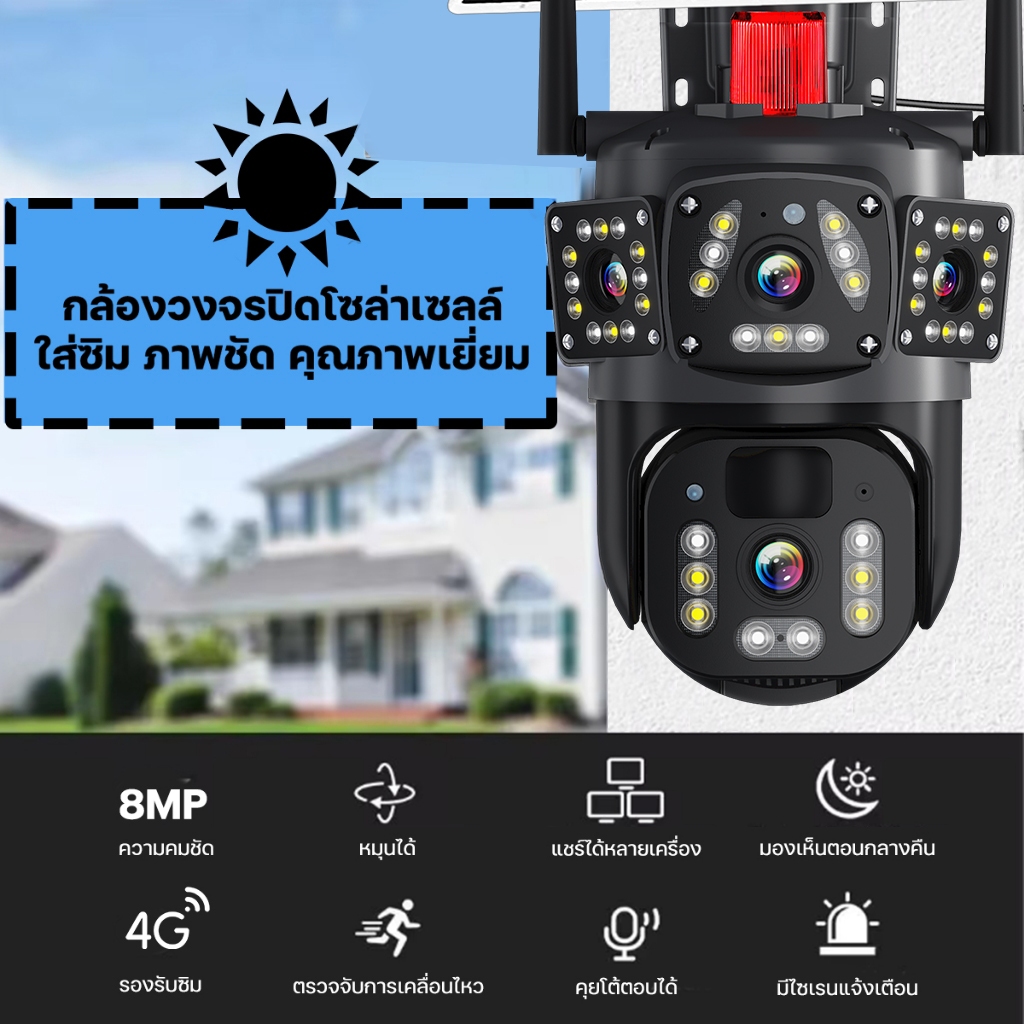 Junanvision กล้องวงจรปิดโซล่าเซลล์4Gใส่ซิม 2เลนส์ มีไมค์มีลำโพง มองเห็นในที่มืด  มีไมค์ลำโพงAPP V380