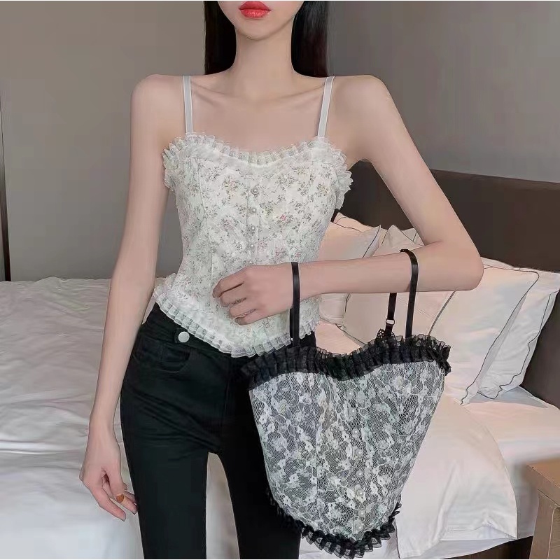 🌿SHOP MKLเสื้อสายเดี่ยวลายลูกไม้ มีฟองน้ำสม็อคหลัง#1996