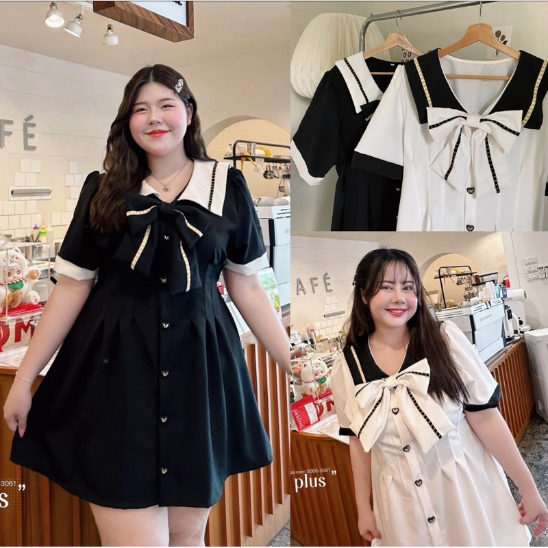 เข้าเพิ่ม พร้อมส่งค่า /LD/เดรสสาวอวบ คอปก กระดุมหัวใจ พร้อมเข็มกลัดโบว์ น่ารักมาก #เสื้อผ้าไซส์ใหญ่ พลัสไซส์