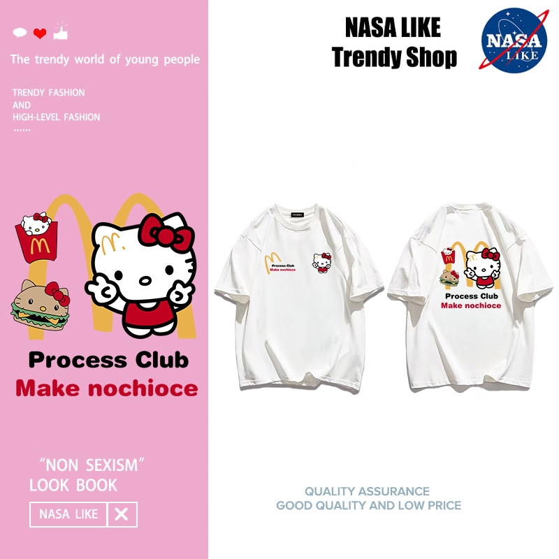 NASA LIKE จัดส่งตลอด 24 ชั่วโมง Hello Kitty T-Shirt，ลายการ์ตูนพิมพ์สองด้านแขนสั้น Oversize Cotton 100% เสื้อผู้หญิง