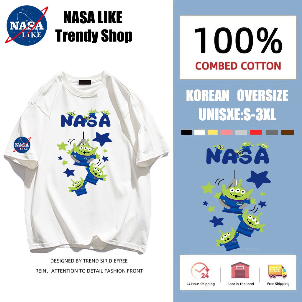 NASA LIKE（จัดส่งรวดเร็ว）สื้อยืดแขนสั้น ผู้หญิง ทรงหลวม ผ้าคอตตอนแท้นิ่มๆเย็นใส่ไม่ร้อน รูปแบบของเอเลี่ยน ที่น่ารัก