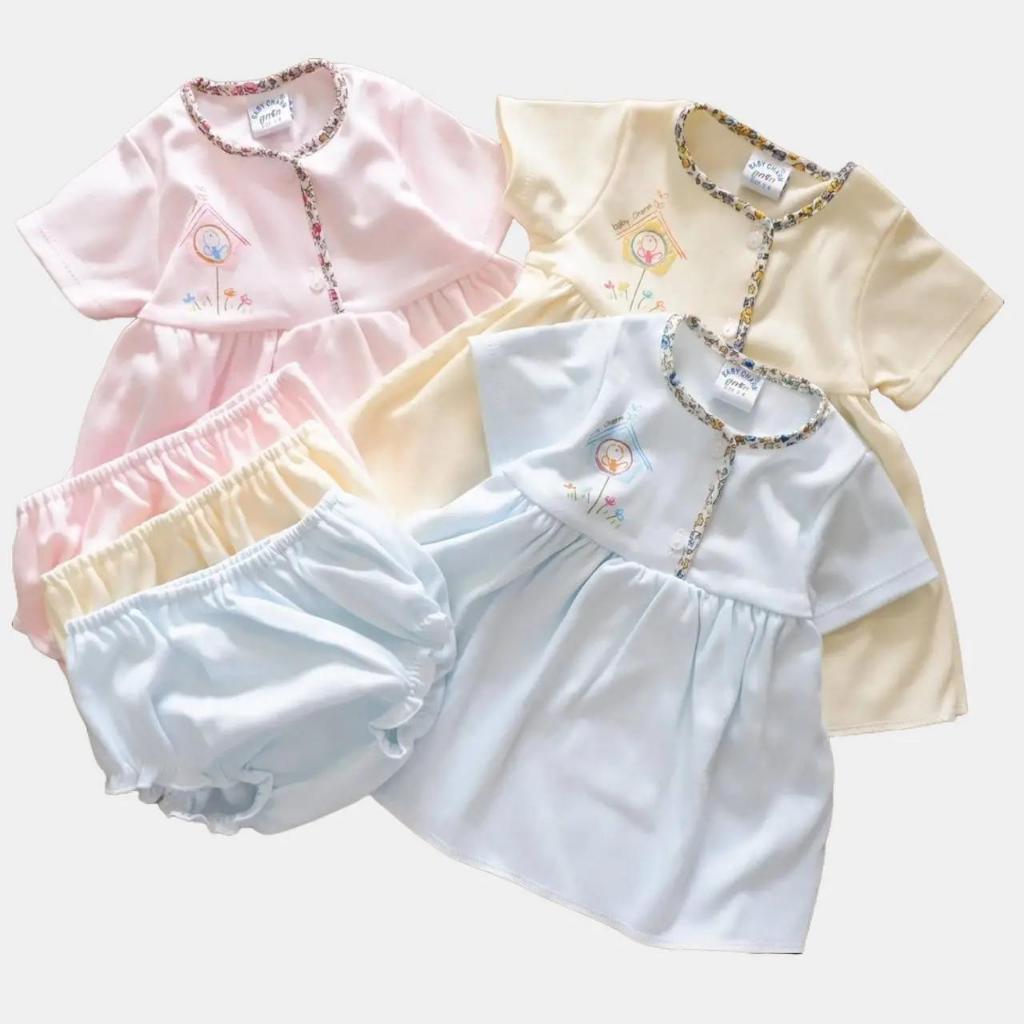 ชุดเซ็ตเด็กผู้หญิง ลายกรงนก กระโปรงแขนสั้น+กางเกง 3-6 M / 6-12 M