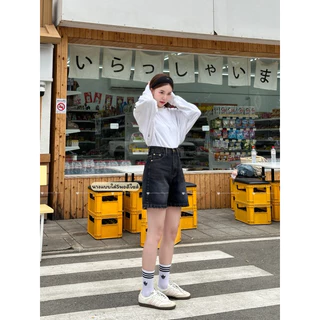 Proudly.bkk tee n skort ยีนส์ขาสามส่วน เอวสูงสีไนท์บลู งานผ้าไม่ยืด S-XL